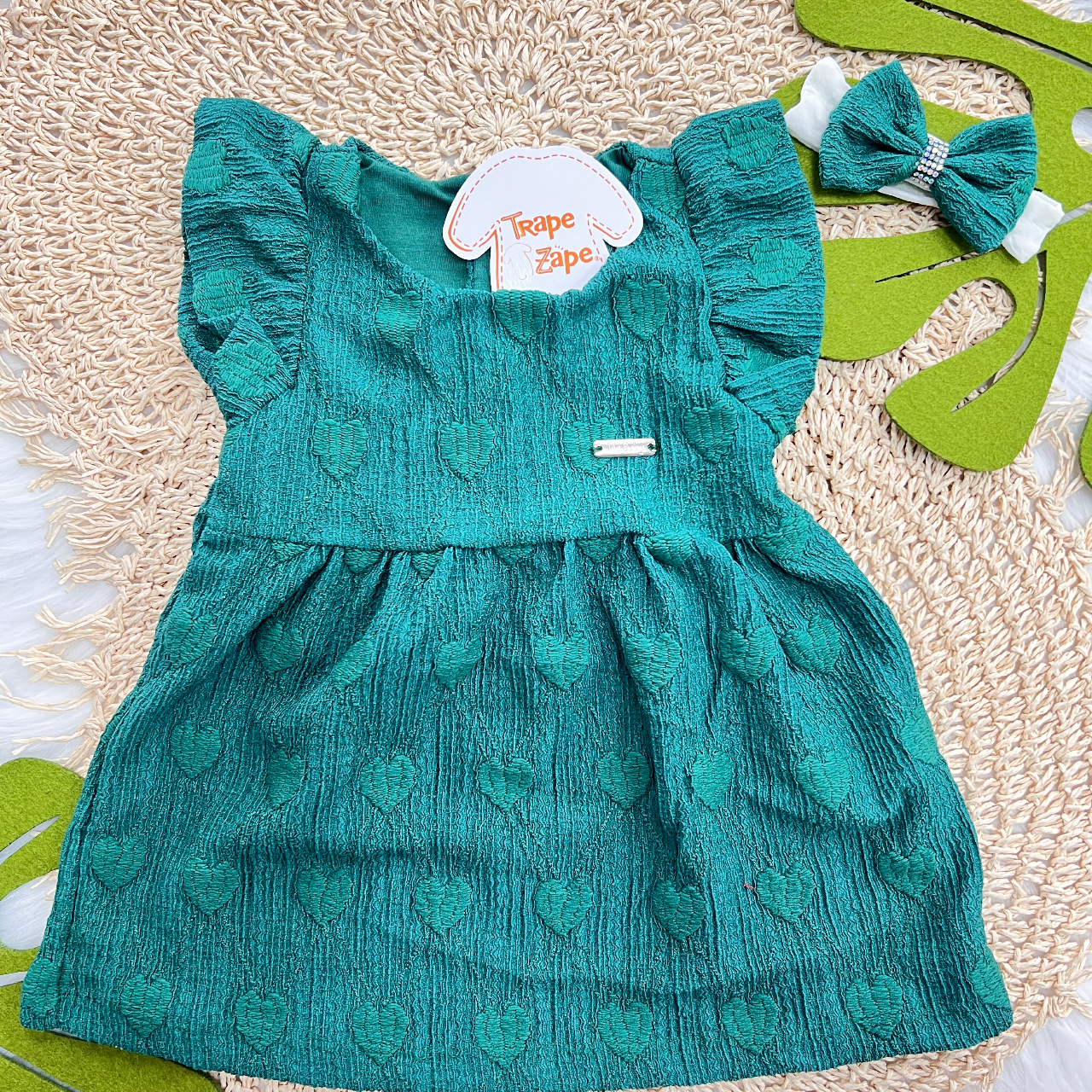 Vestido Anarruga Corações e Faixinha de Cabelo - Verde